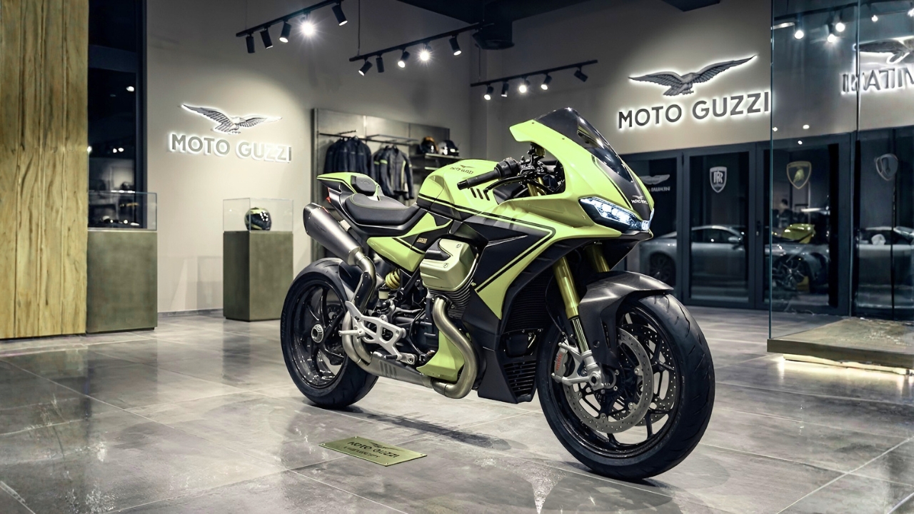 Moto Guzzi V100 Mandello: Moto en Color Amarillo Neón con Diseño Premium y Tecnología Moderna Explicada Fácilmente